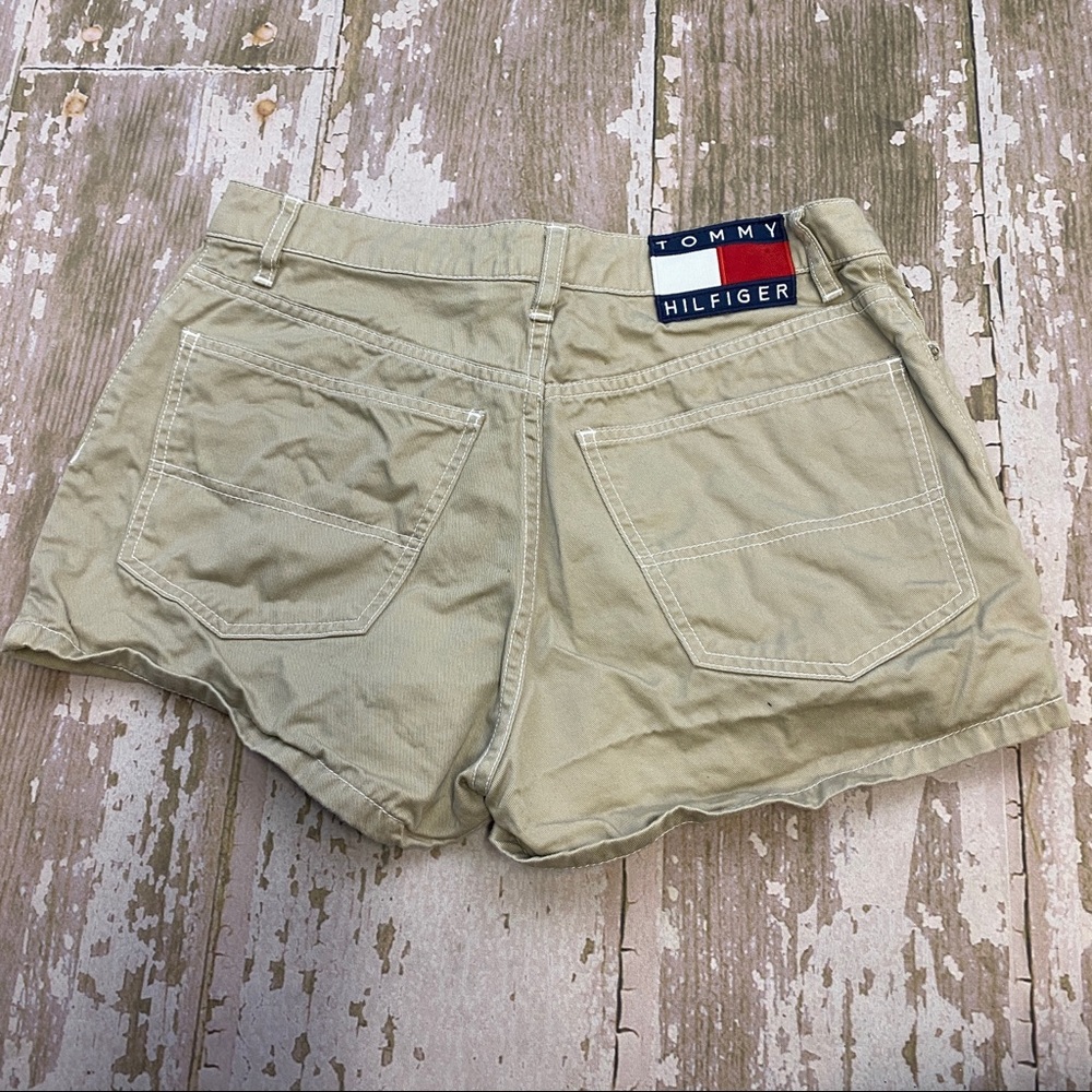 Vtg Tommy Hilfiger Khaki Shorts with White Stitching 90s Large Logo Juniors 11